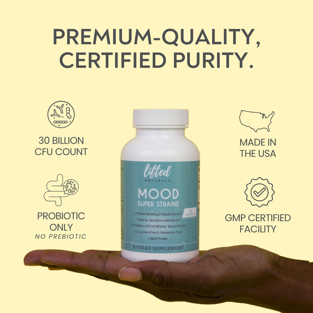 Probiotics - Mood Super Strains Probiotic - Naturally Supports Digestion & Mood - Histamine-Free Probiotics w/ L Rhamnosus GG, Shelf Stable Probiotic Supplement, 60 Day Supply, Non-GMO, VEGAN Lifted Naturals Au supplements