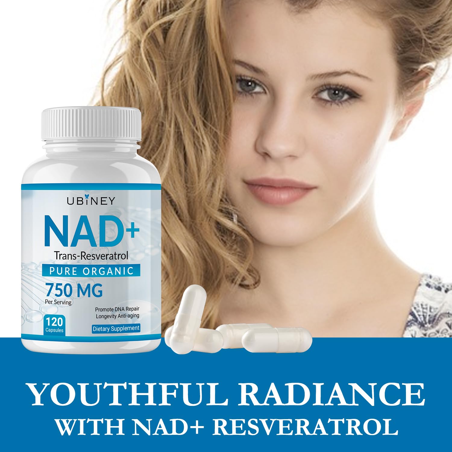 Ubiney NAD+ 750mg with Trans-Resveratrol – Pure Organic Nicotinamide Adenine Dinucleotide Supplement – DNA Repair, Cellular Energy, Anti-Aging Support – 120 Vegan Capsules, Non-GMO, Gluten-Free Ubiney Au supplements