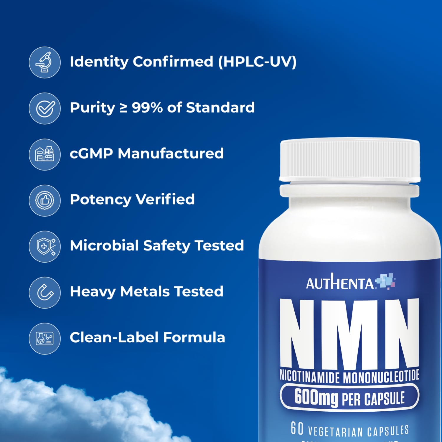 NMN Supplement 600 mg/Capsule Once Daily | 99% Pure Beta Nicotinamide Mononucleotide | Potent NAD⁺ Precursor | Supports Cellular Energy & Metabolism | Vegan, Non-GMO, Third-Party Tested & Gluten-Free AUTHENTA Au supplements