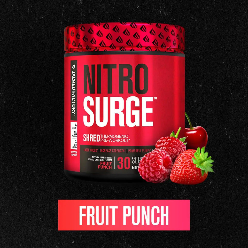Jacked Factory NITROSURGE Shred Pre Workout Supplement - Energy Booster, Instant Strength Gains, Sharp Focus, Powerful Pumps - Nitric Oxide Booster & PreWorkout Powder - 30Sv, Fruit Punch Jacked Factory Au supplements