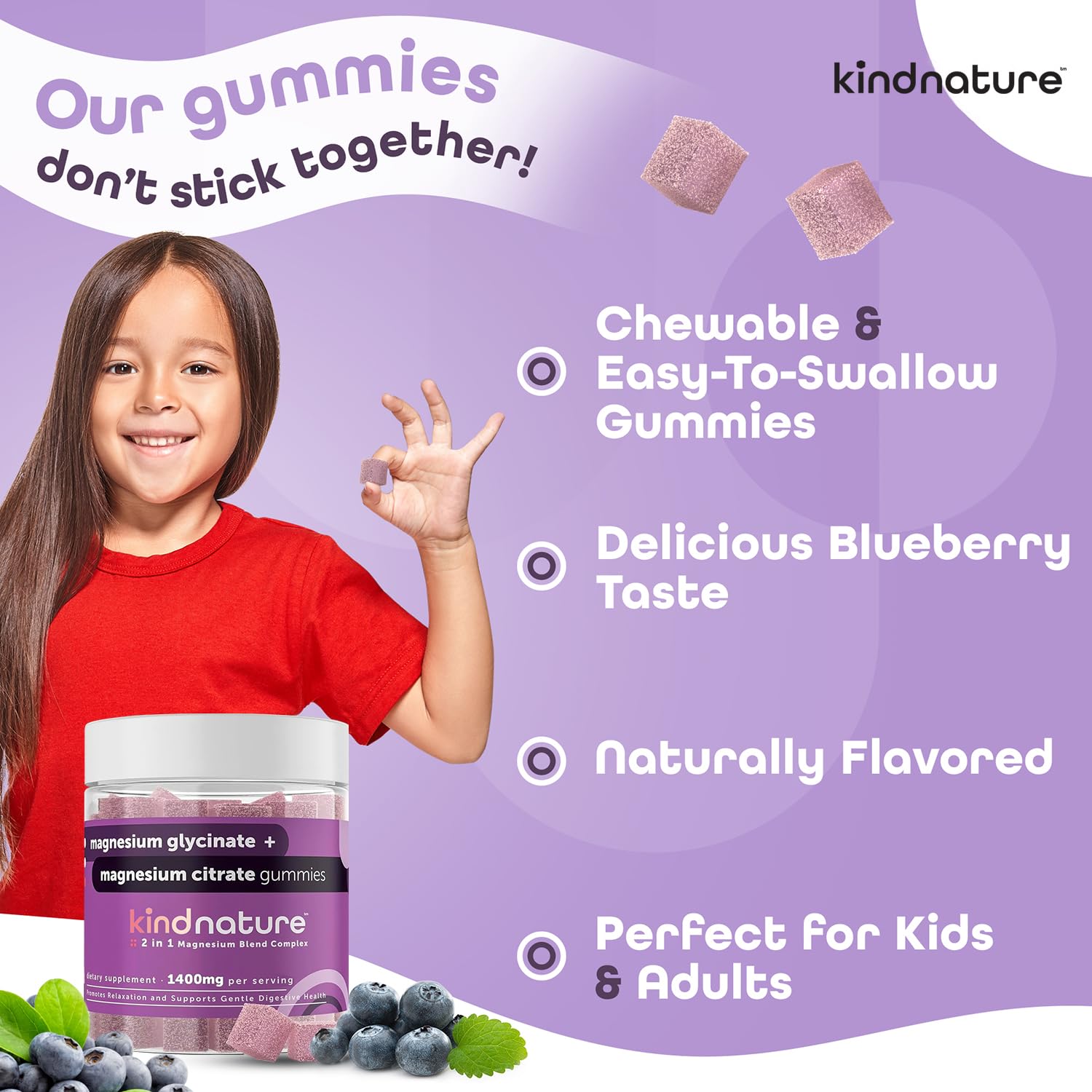 kindnature Magnesium Glycinate & Citrate Gummies – Calm Magnesium Complex for Sleep, Stress, Cramps & Digestion – Chewable Vegan Magnesium