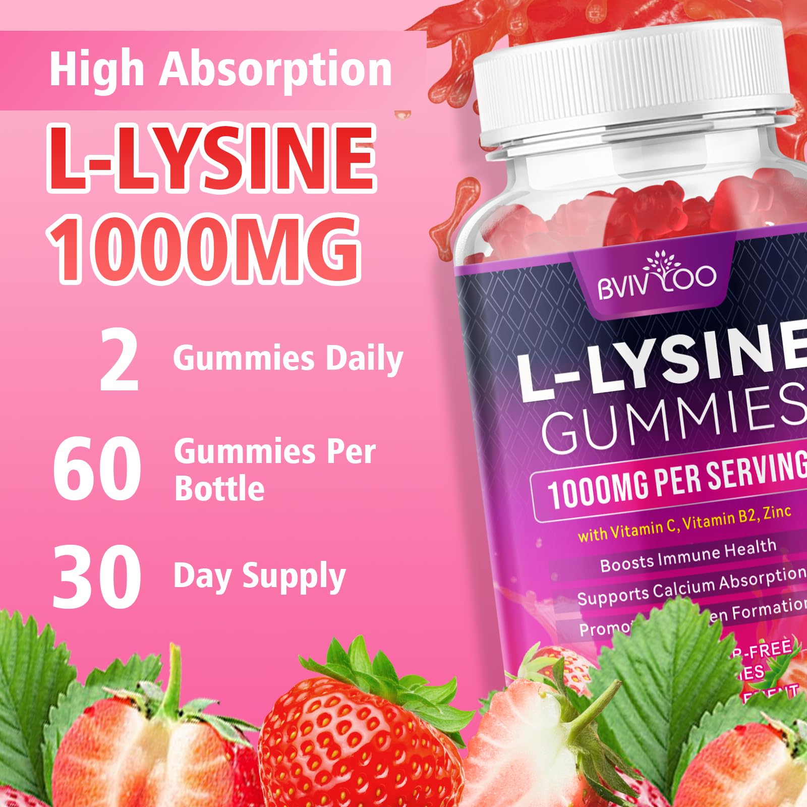 BVIVLOO L-Lysine 1000mg Gummies for Immune Support & Skin Health - High Potency Vegan Gummies, Sugar-Free, Natural Berry Flavor, Gluten-Free Chewable Supplement