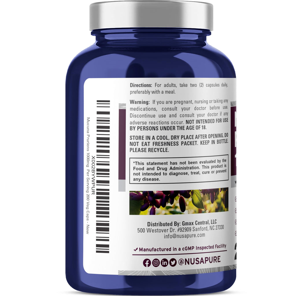 NusaPure Mucuna Pruriens 1000mg 200 Veggie Caps (Non-GMO, 100% Vegetarian, Vegan) NusaPure Au supplements