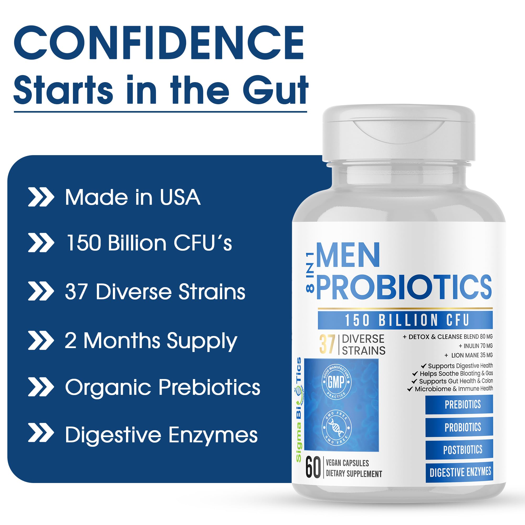 Probiotics for Men - 150 Billion CFU Acidophilus Capsules with Prebiotics & Postbiotics - Supports Gut Microbiome, Colon & Immune Health