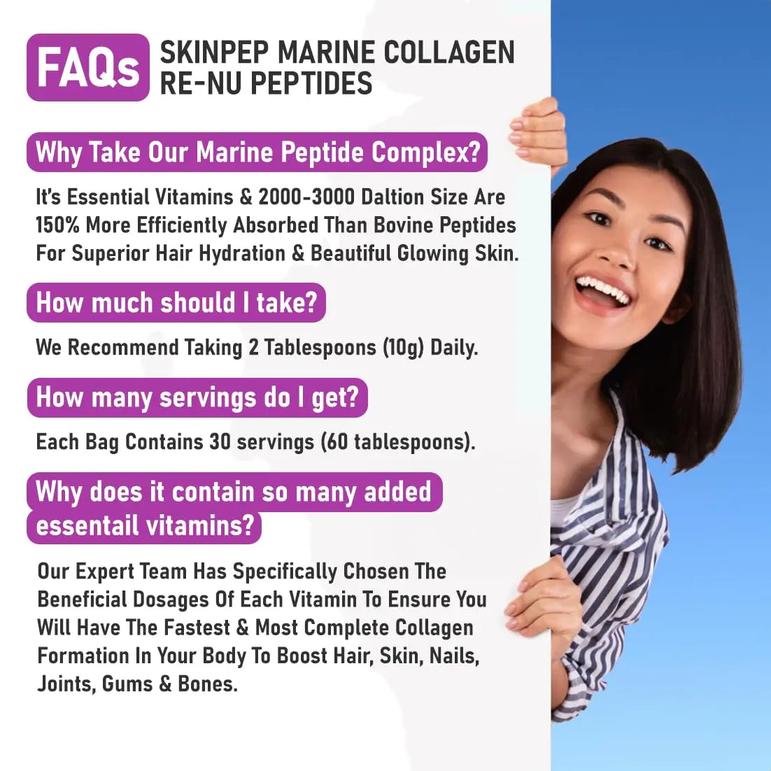 Premium Hydrolysed Marine Collagen Peptide Powder + VIT C, B Complex Hyaluronic Acid, & Stevia. Delicious Taste/No Fishy Smell - SkinPep® Collagen Re-Nu 300g - 30 Days Supply SkinPep Au supplements