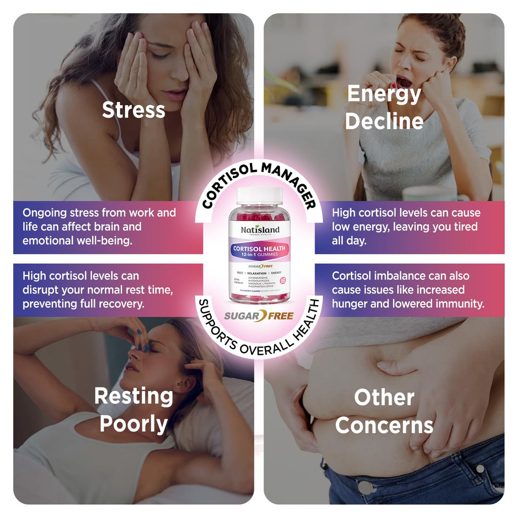 Cortisol Gummies, 12-in-1 Cortisol Reducer, with Magnesium Glycinate, Ashwagandha, L-Theanine, Phosphatidylserine, Vitamin B6 & D3, Rhodiola Rosea, for Men & Women, Sugar-Free, Vegan, NON-GMO, 60CT NATISLAND Au supplements