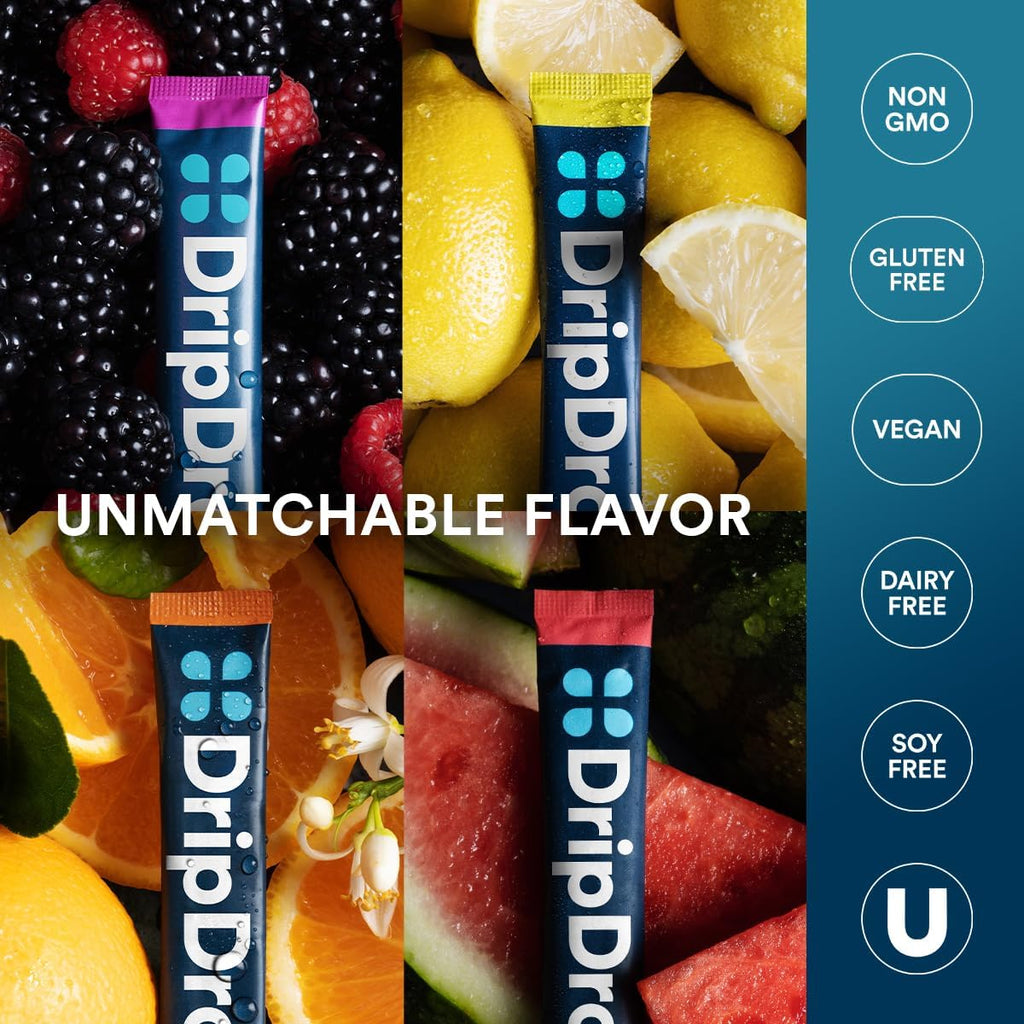 DripDrop Hydration Packets - Bold Variety Pack - Single Serve Electrolytes Powder Drink Mix - Watermelon, Berry, Lemon, Orange