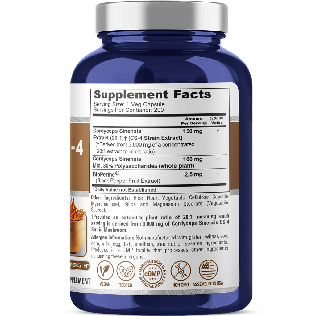 NusaPure Cordyceps 20:1 Extract, 150 mg Equivalent to 3,000mg 200 Veggie Capsules (Sinensis CS-4, Non-GMO, Vegan) Bioperine NusaPure Au supplements