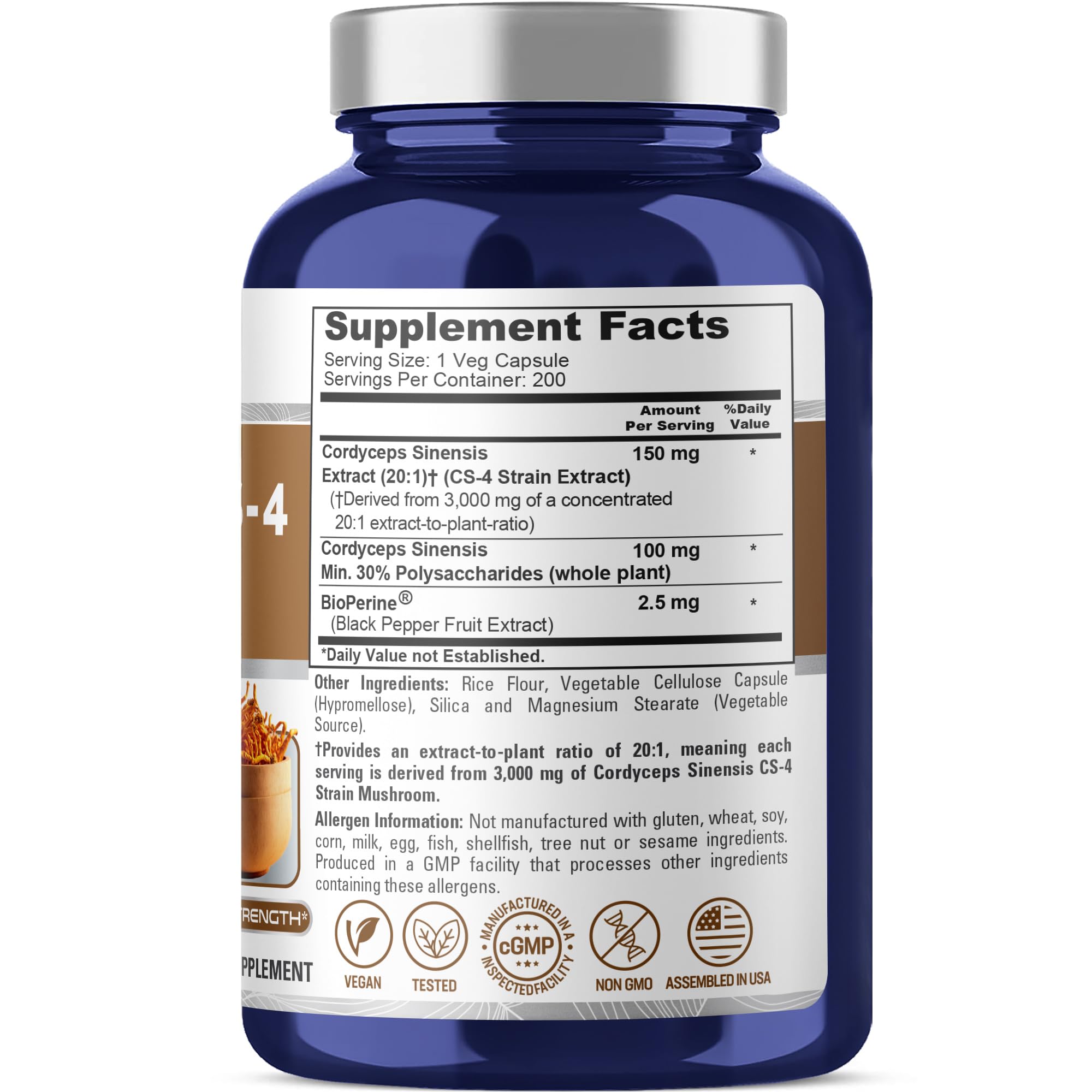 NusaPure Cordyceps 20:1 Extract, 150 mg Equivalent to 3,000mg 200 Veggie Capsules (Sinensis CS-4, Non-GMO, Vegan) Bioperine NusaPure Au supplements