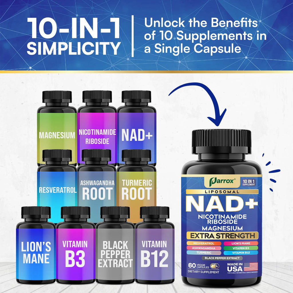 Parrox NAD+ Supplement with Liposomal NAD+, Nicotinamide Riboside, Magnesium, Vitamin B3 & B12, Resveratrol, Turmeric, Ashwagandha, Lion’s Mane,10-in-1 Extra Strength Parrox Au supplements