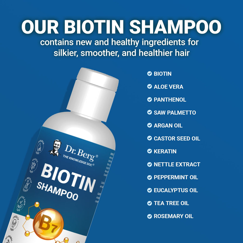 Dr. Berg Biotin Shampoo for Men & Women (Improved High-Performance Formula) - Independently Tested & Certified Paraben- Sulfate- & Silicone-Free - Infused w/Biotin, Argan Oil & Botanicals - 8 Fl oz