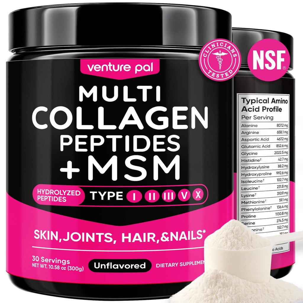 Venture Pal Multi Collagen Powder Type I, II, III, V, X – Hydrolyzed Collagen Peptides MSM, GC, Hyaluronic Acid Vitamin C | Collagen Supplement for Women