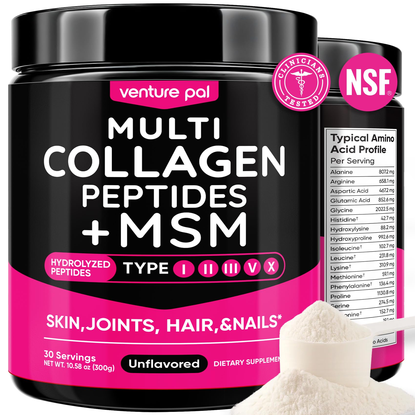 Venture Pal Multi Collagen Powder Type I, II, III, V, X – Hydrolyzed Collagen Peptides MSM, GC, Hyaluronic Acid Vitamin C | Collagen Supplement for Women