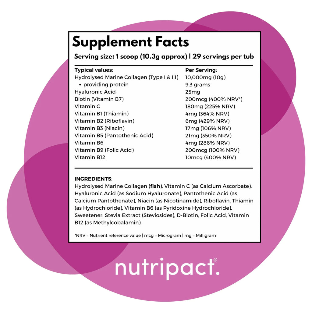 Hydrolysed Marine Collagen Peptides Powder with Hyaluronic Acid, Biotin, Vitamin C & B Vitamins – 10,000mg Collagen nutripact Au supplements