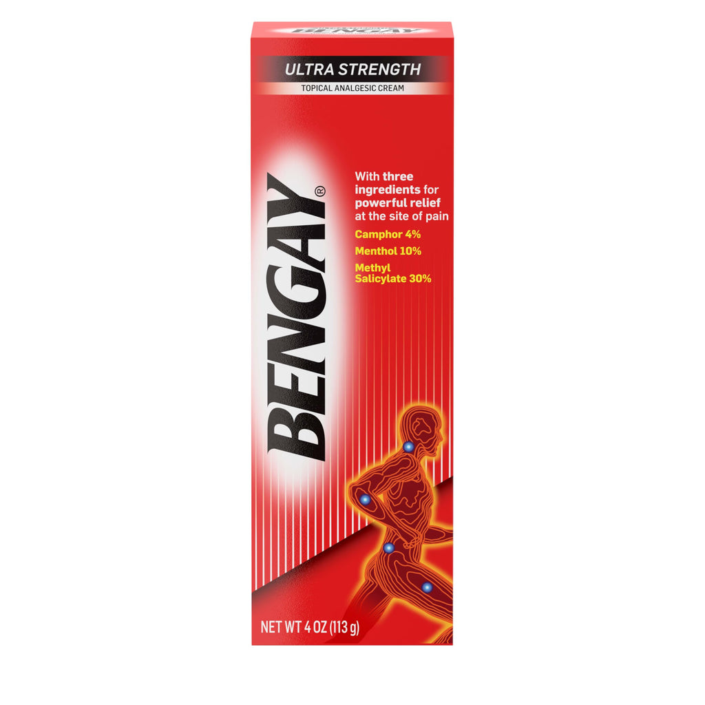 Bengay Ultra Strength Topical Pain Relief Cream, Non-Greasy Topical Analgesic for Minor Arthritis, Muscle, Joint and Back Pain, Camphor, Menthol and Methyl Salicylate, 4 OZ Bengay Au supplements