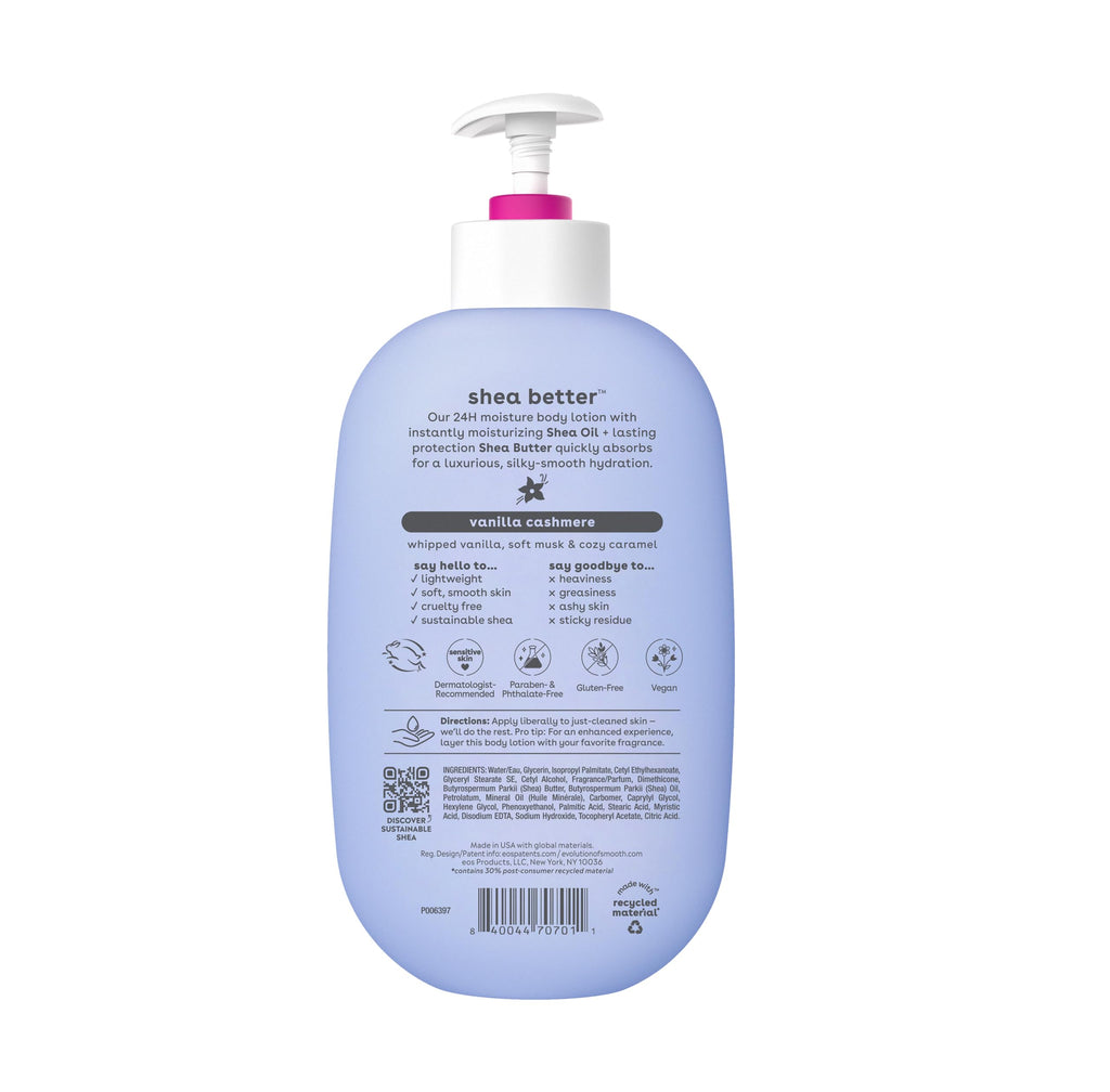 eos Shea Better Body Lotion Vanilla Cashmere, 24-Hour Moisture Skin Care, Lightweight