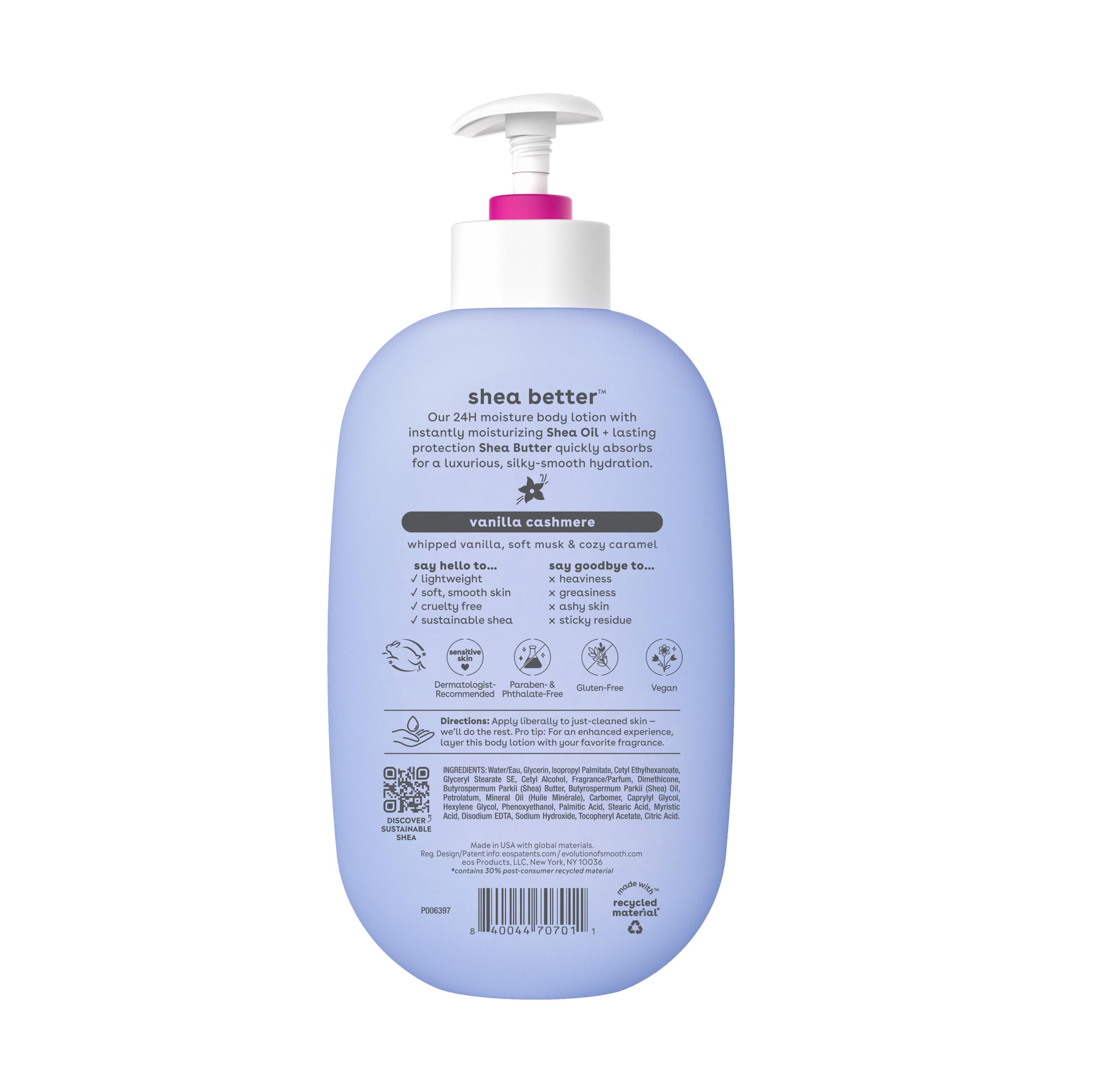 eos Shea Better Body Lotion Vanilla Cashmere, 24-Hour Moisture Skin Care, Lightweight