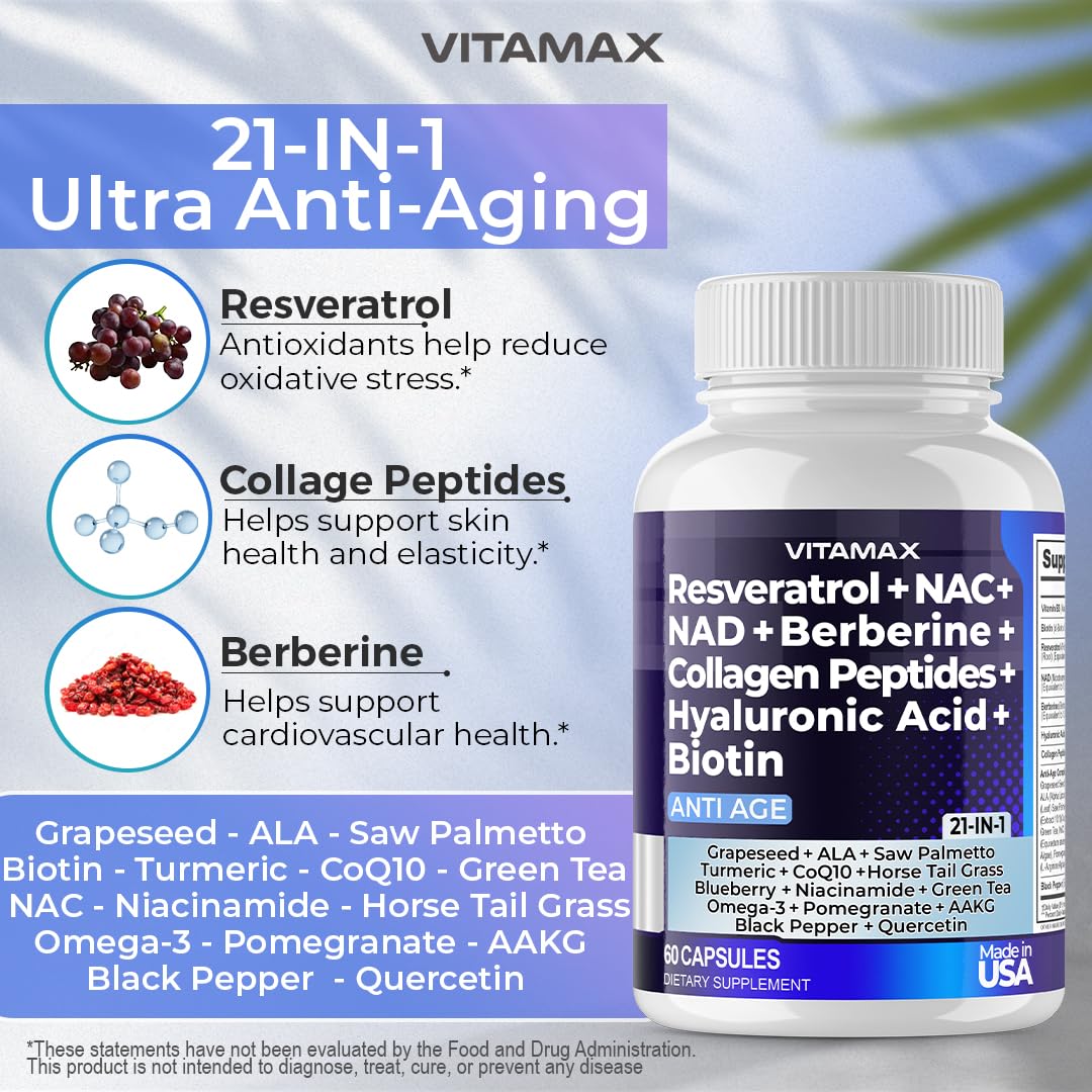 Resveratrol NAD+ Berberine Hyaluronic Acid - Biotin Grape & Blueberry + NAC - Collagen Peptides - Hair, Nail, Skin & Joint Supplement - 21-in-1 Women and Men