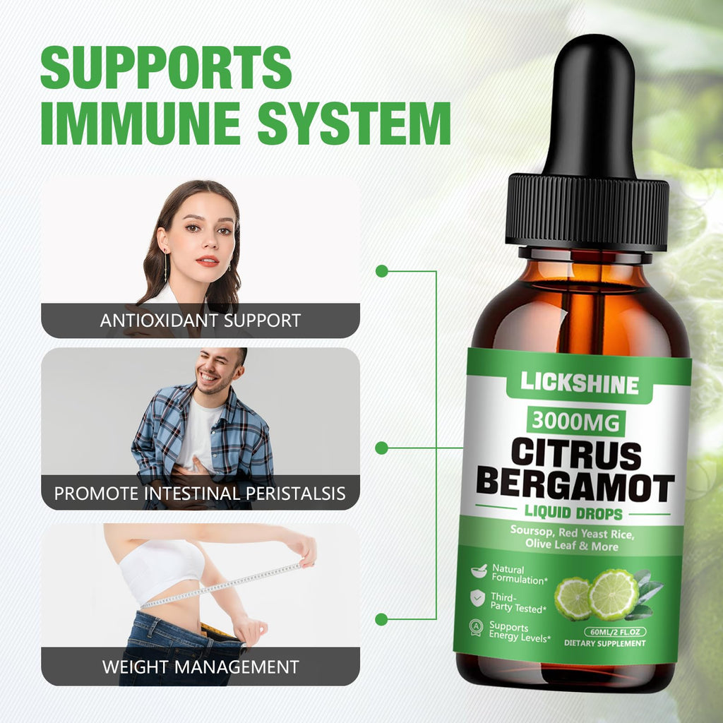 lickshine 2 Pack 3000mg Citrus Bergamot Liquid Drops - High Absorption - Cholesterol Lowering Supplement for Immune Support Anti-Aging,