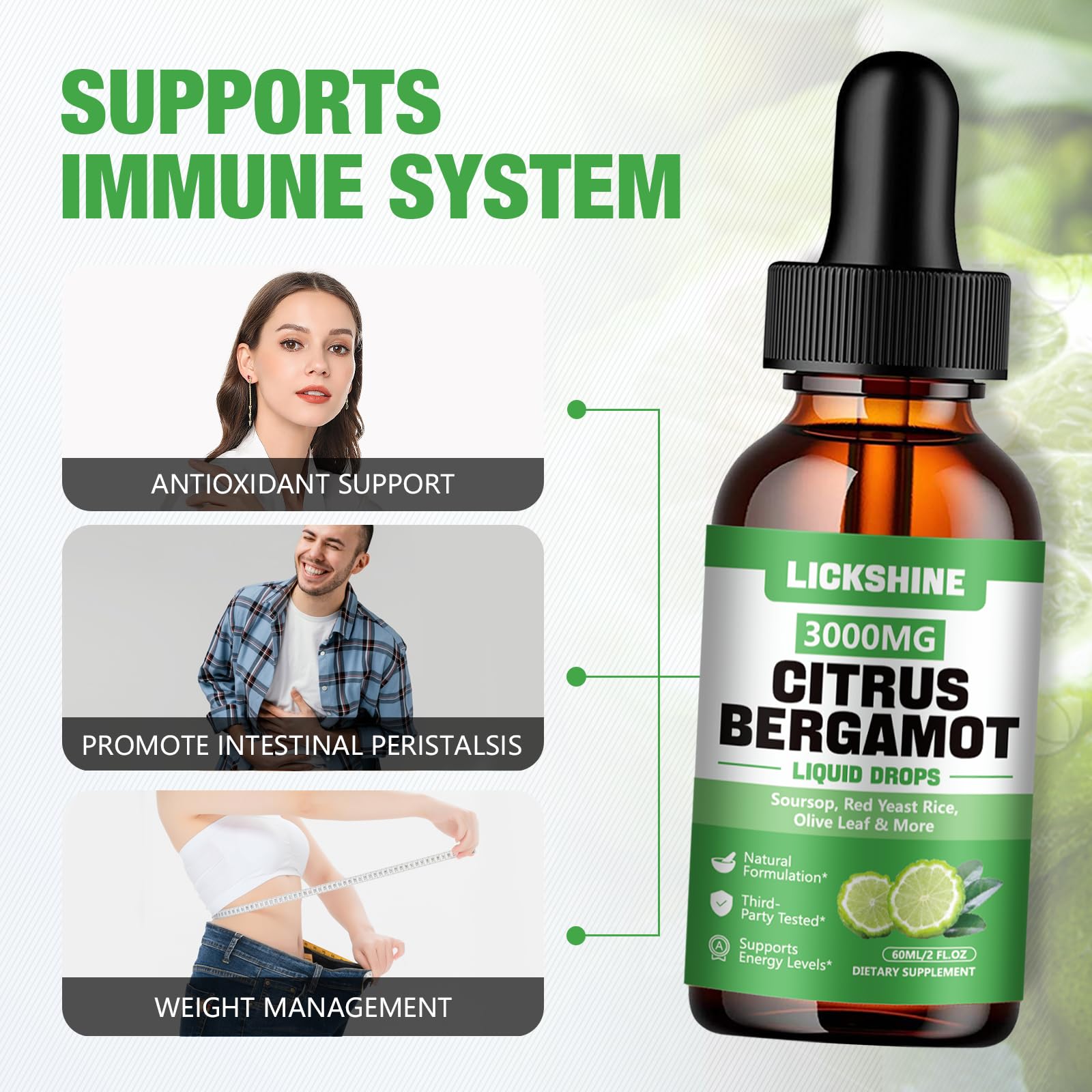 lickshine 2 Pack 3000mg Citrus Bergamot Liquid Drops - High Absorption - Cholesterol Lowering Supplement for Immune Support Anti-Aging,