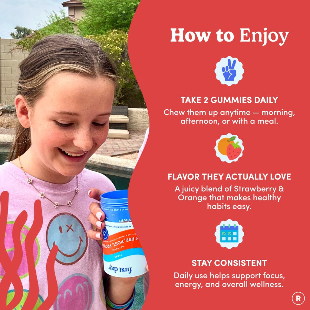 FIRST DAY Teens’ Gut Sustainer Tribiotic Gummies – 3-in-1 Prebiotic, Probiotic & Postbiotic Supplement – Supports Digestive, Skin, Oral & Immune Health, Nutrient Absorption & Growth – 30-Day Supply FIRST DAY Au supplements
