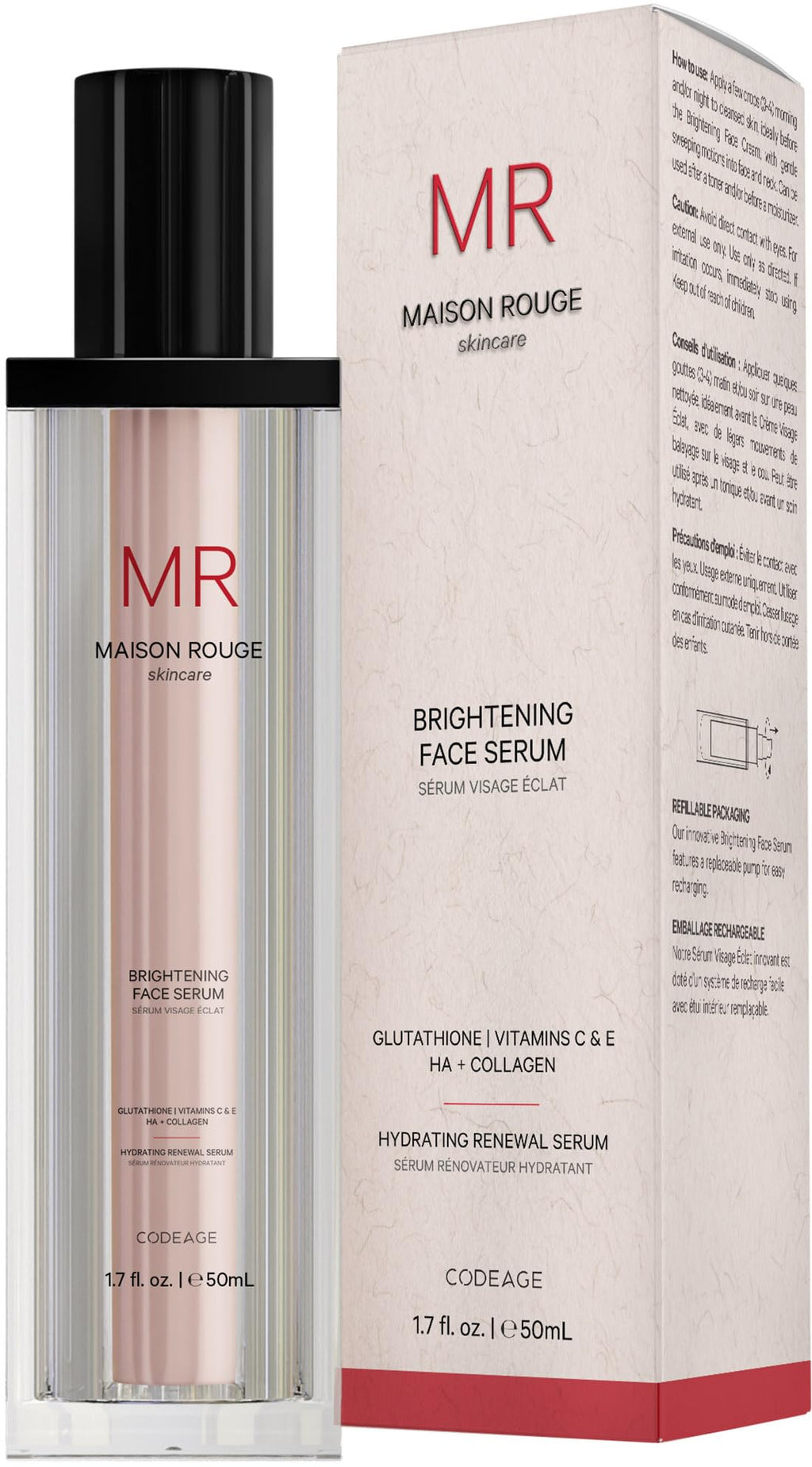 Maison Rouge Brightening Face Serum by Codeage - Glutathione Serum, Vitamin C, E, Hyaluronic Acid, Collagen - Radiance Enhancing - Parabens and Sulfates-Free - Refillable - All Skin Types - 1.7 fl oz Codeage Au supplements