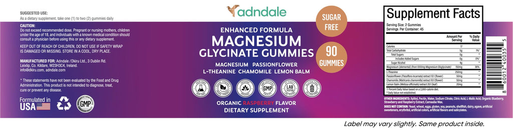 Adndale 90CT Magnesium Glycinate Gummies. Sugar Free Chews for Adults & Kids. Raspberry Flavour