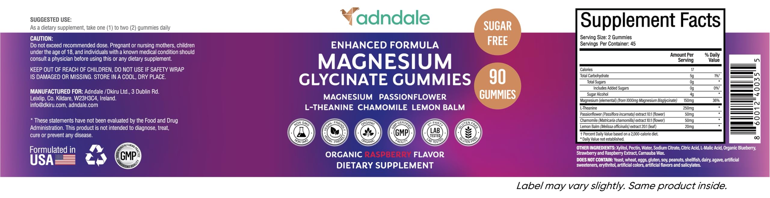 Adndale 90CT Magnesium Glycinate Gummies. Sugar Free Chews for Adults & Kids. Raspberry Flavour