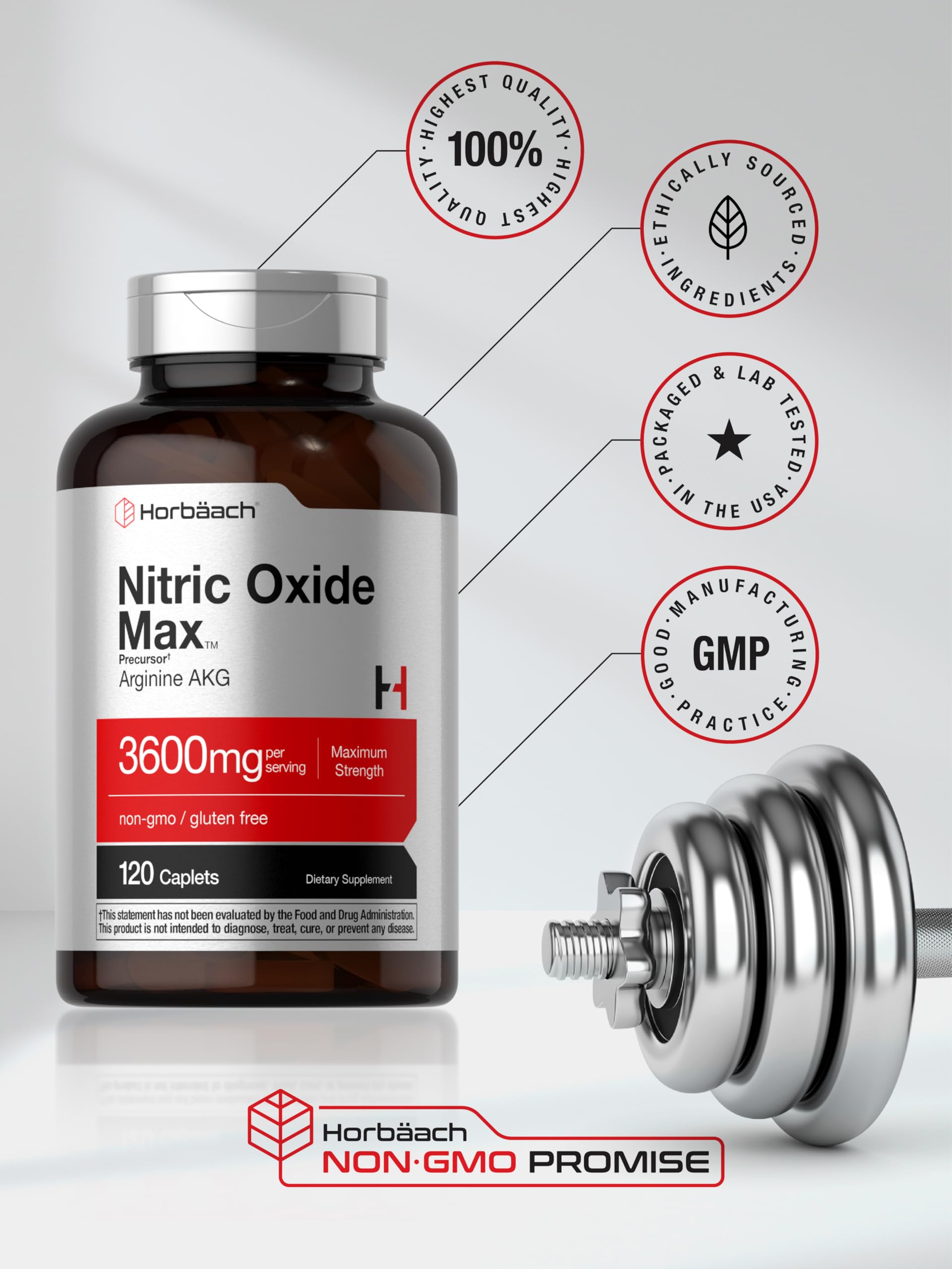 Horbäach Nitric Oxide Max 3600mg | 120 Caplets | with Arginine AAKG for Men and Women | Vegetarian, Non-GMO