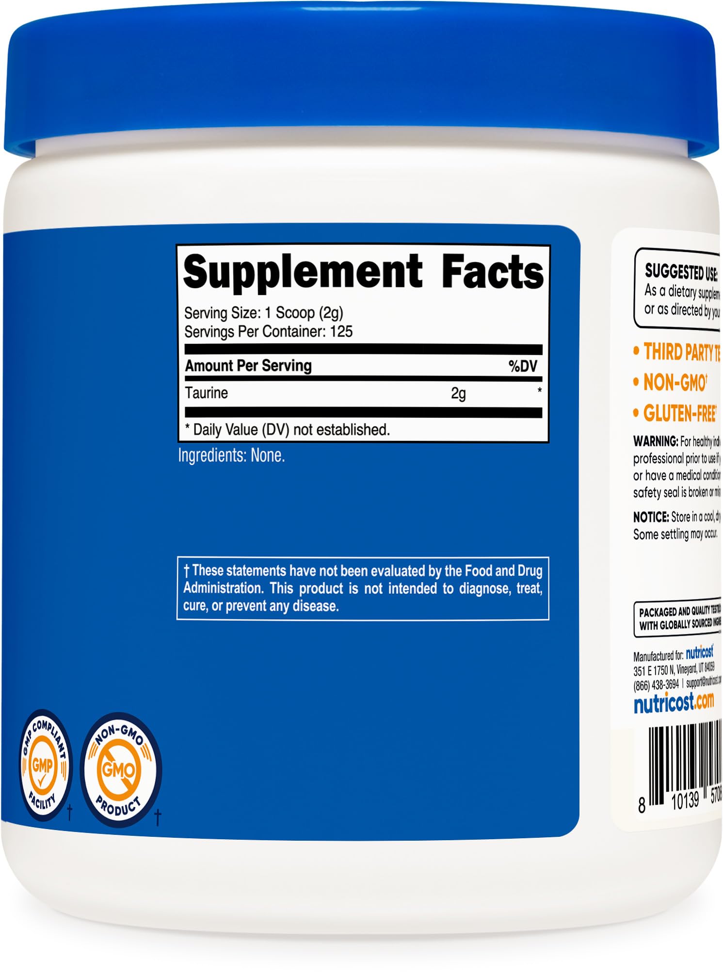 Nutricost Taurine Powder 250 Grams - 125 Servings, 2000mg Per Serving Nutricost Au supplements