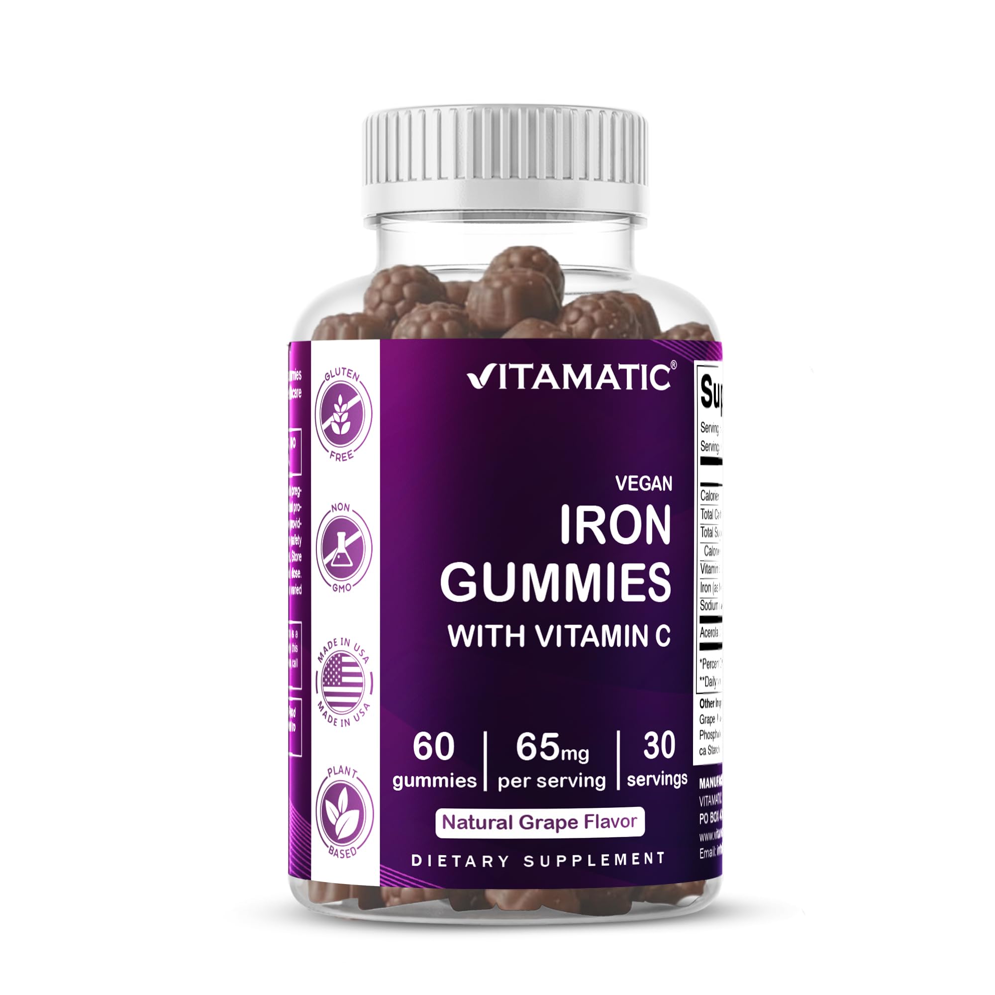 Vitamatic Iron 65 mg Gummies Supplement for Women & Men - 60 Vegan Gummies - Great Tasting Iron Gummy Vitamins with Vitamin C (1)