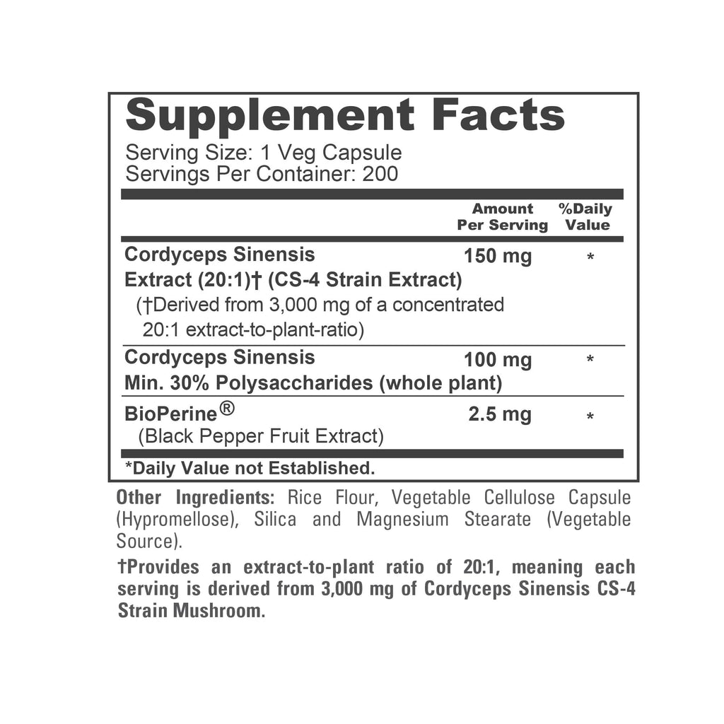 NusaPure Cordyceps 20:1 Extract, 150 mg Equivalent to 3,000mg 200 Veggie Capsules (Sinensis CS-4, Non-GMO, Vegan) Bioperine NusaPure Au supplements