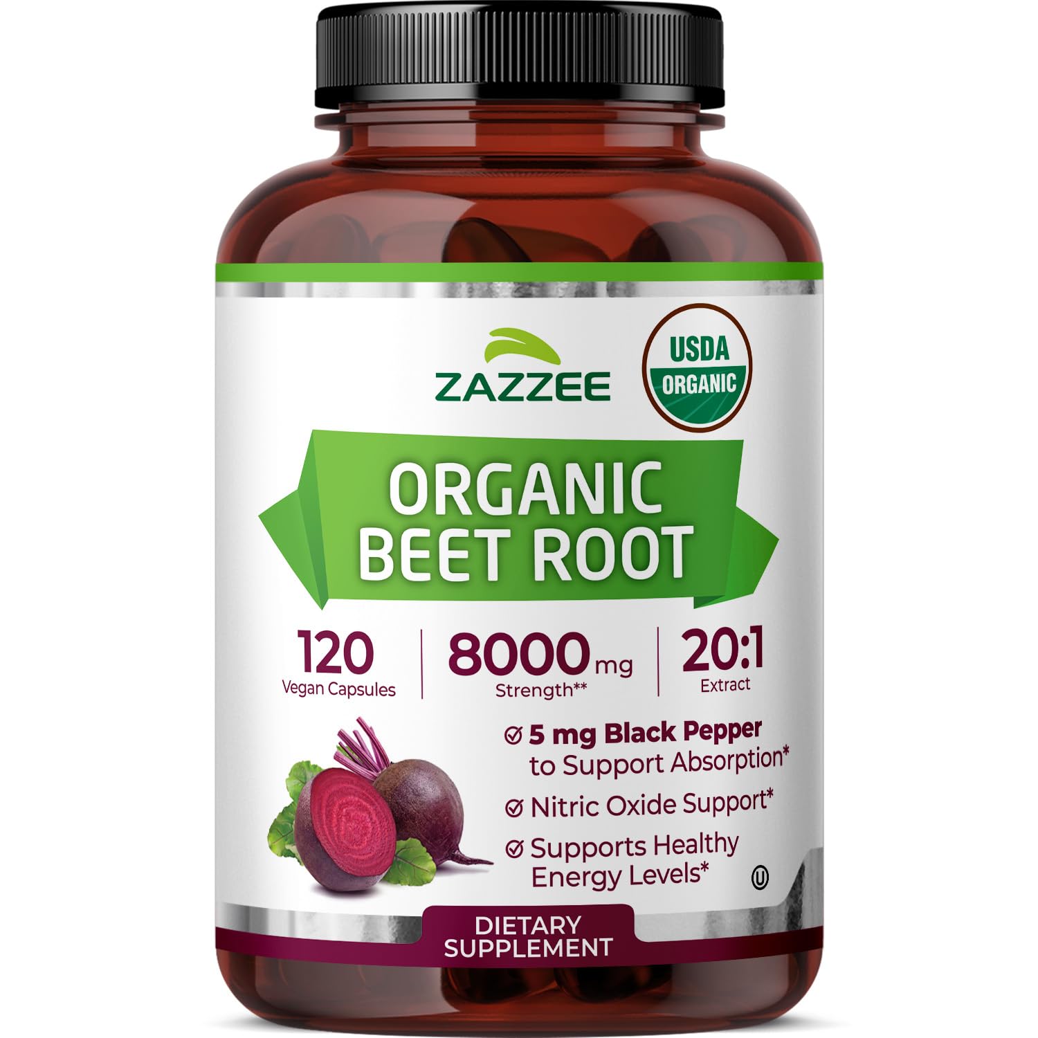 Zazzee USDA Organic Beet Root 20:1 Extract, 120 Vegan Quick Release Capsules, 4 Month Supply, Nitric Oxide Support, Black Pepper Extract for Enhanced Absorption