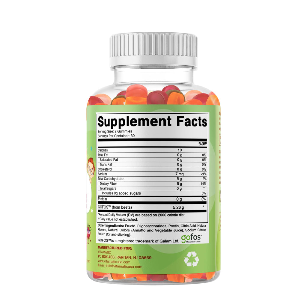 Vitamatic Kids Prebiotic Fiber Gummies – Extra Strength 4g Fiber – Zero Sugar Added – 60 Pectin-Based Gummies – Digestive Health & Regularity Support