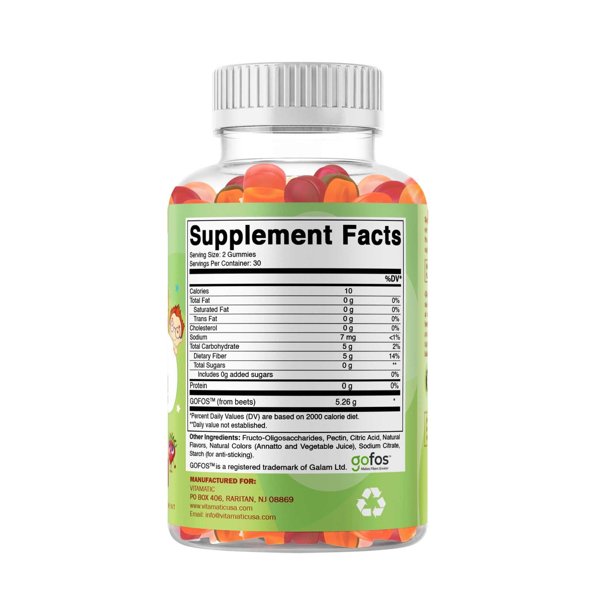 Vitamatic Kids Prebiotic Fiber Gummies – Extra Strength 4g Fiber – Zero Sugar Added – 60 Pectin-Based Gummies – Digestive Health & Regularity Support