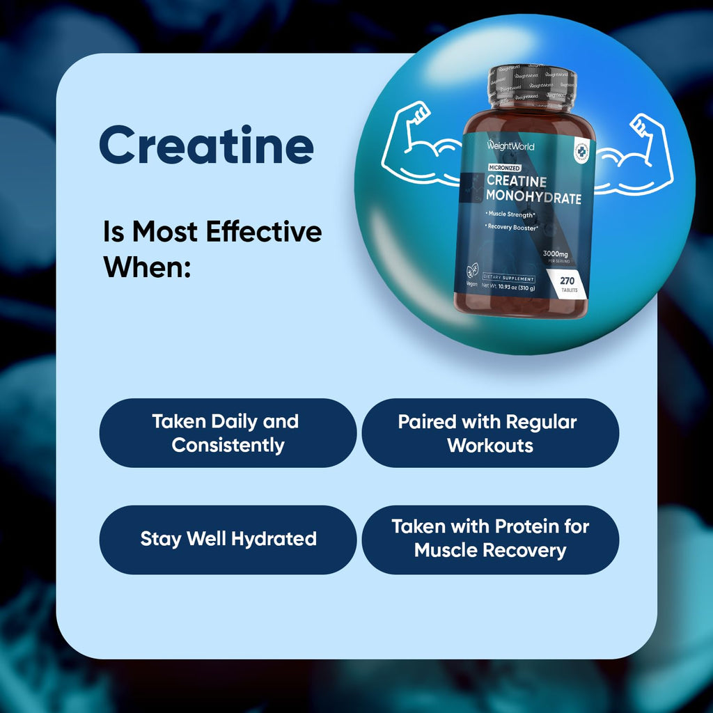 WeightWorld Micronized Creatine Monohydrate 3000mg Vegan Tablets | Muscle Strength & Recovery Booster | 3 Months Supply - 270 Tabs | Creatine for Women & Men | Non-GMO, Gluten-Free | 3 Tablets a Day WeightWorld Au supplements