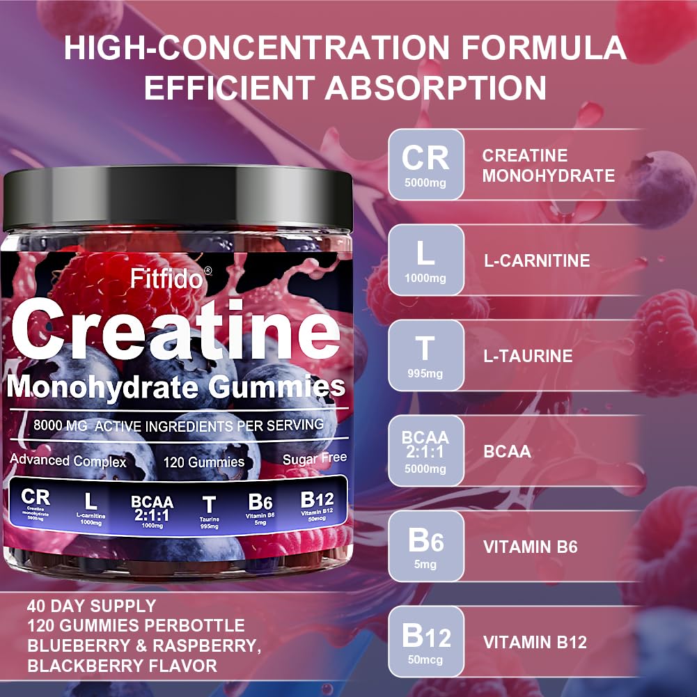 Creatine Monohydrate Gummies Complex 8000mg for Men and Women, Containing L-carnitine & Taurine, Build Muscle, Boost Energy, Faster Recovery, Sugar Free & Vegan