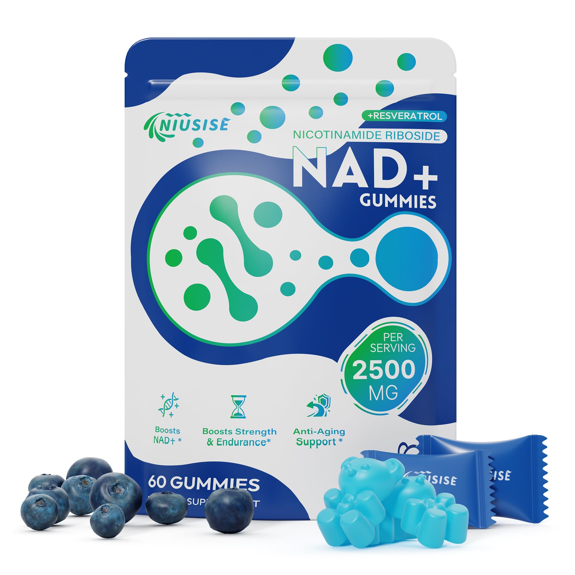 NIUSISE NAD Gummies Sugar Free, NAD+ Supplement with Liposomal Nicotinamide Riboside, Resveratrol, Quercetin, NAD Supplement for Anti-Aging, Energy, Cellular Health, Blueberry Flavor, 60 Gummies NIUSISE Au supplements