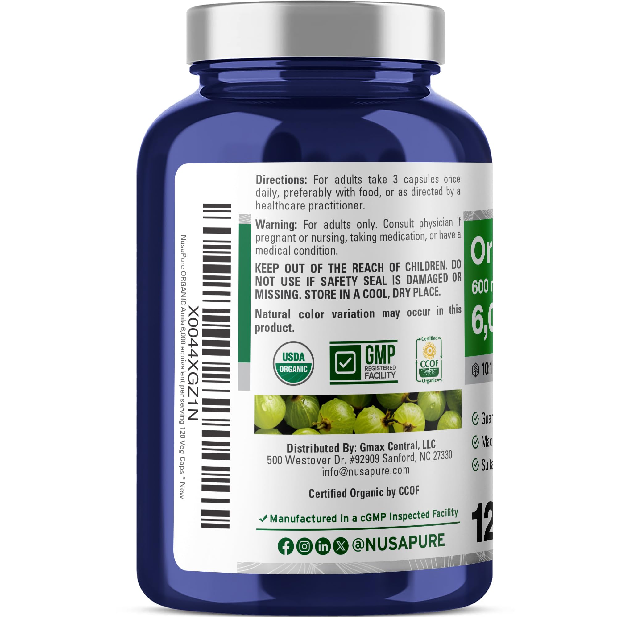 NusaPure Organic Amla Capsules 10:1 Extract, 600 mg Equivalent to 6,000mg | 120 Count | Amalaki Fruit | USDA, Vegan, Non-GMO Supplement NusaPure Au supplements
