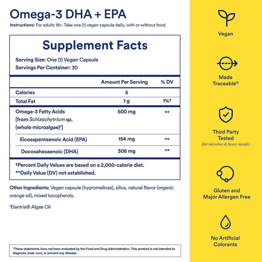 Ritual Vegan Omega 3 Supplement - Science-Backed Dose of DHA and EPA - Bioavailable Omega-3 from Algae Oil - Brain, Heart, and Eye Health Support