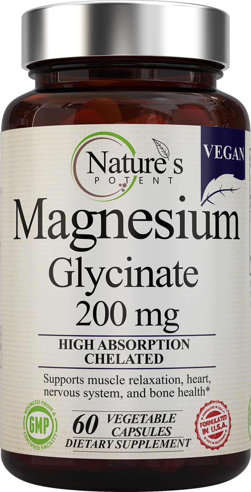 Nature’s Potent Magnesium Glycinate 200mg | High Absorption Chelated Magnesium | Sleep, Calm & Muscle Cramp Support | Vegan Supplement | 60 Capsules Nature's Potent Au supplements