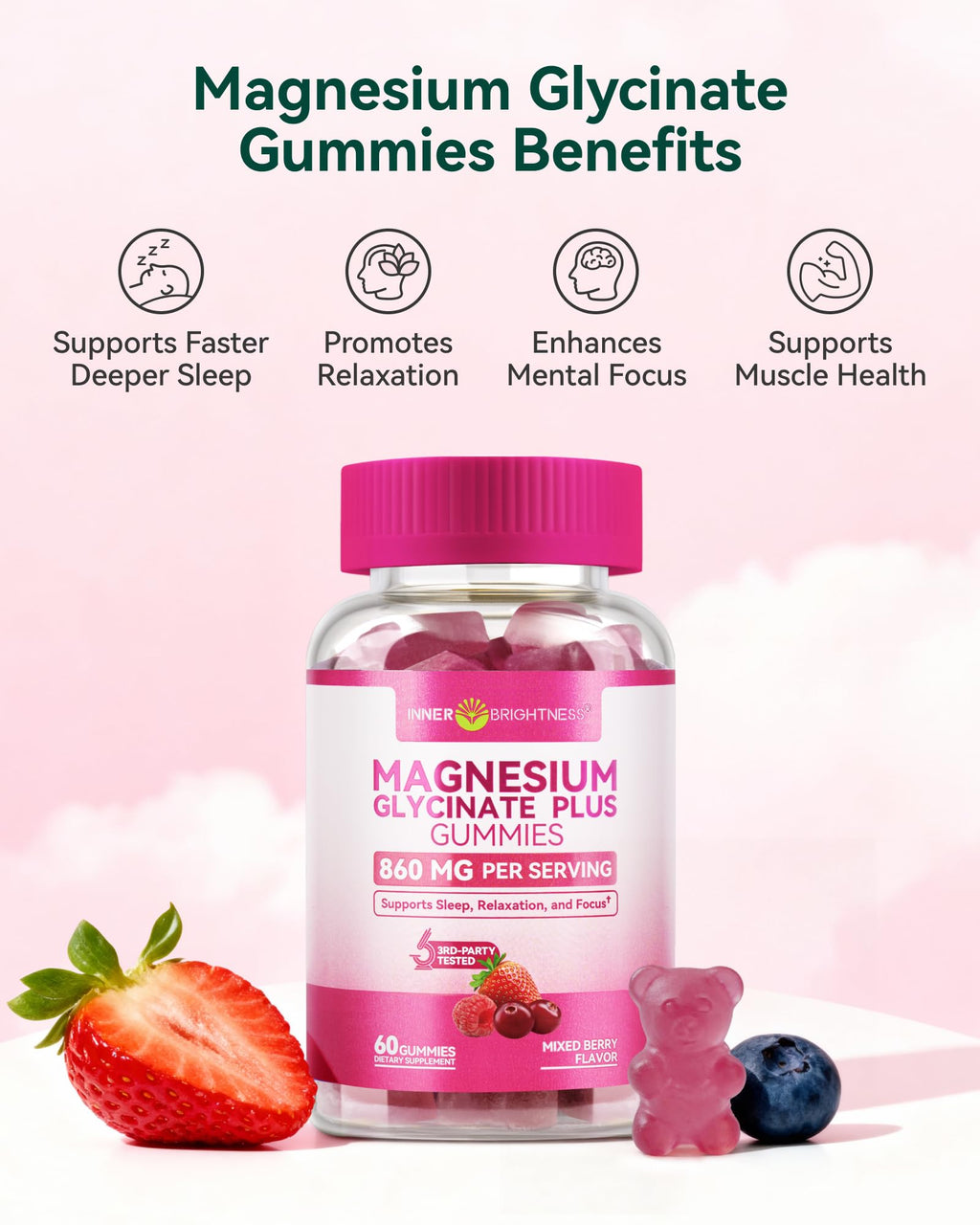 Magnesium Glycinate Plus Gummies 860mg, Sugar-Free, Non-GMO, Gluten-Free, Magnesium Gummies for Adults & Kids, Sleep
