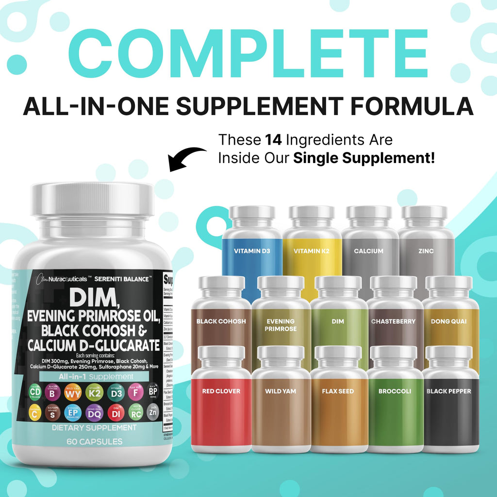 Clean Nutraceuticals DIM Evening Primrose Black Cohosh Calcium D-Glucarate Sulforaphane Flax Seed Extract - Hormonal Support Vitamins for Women with Dong Quai - 60 Caps Clean Nutraceuticals Au supplements
