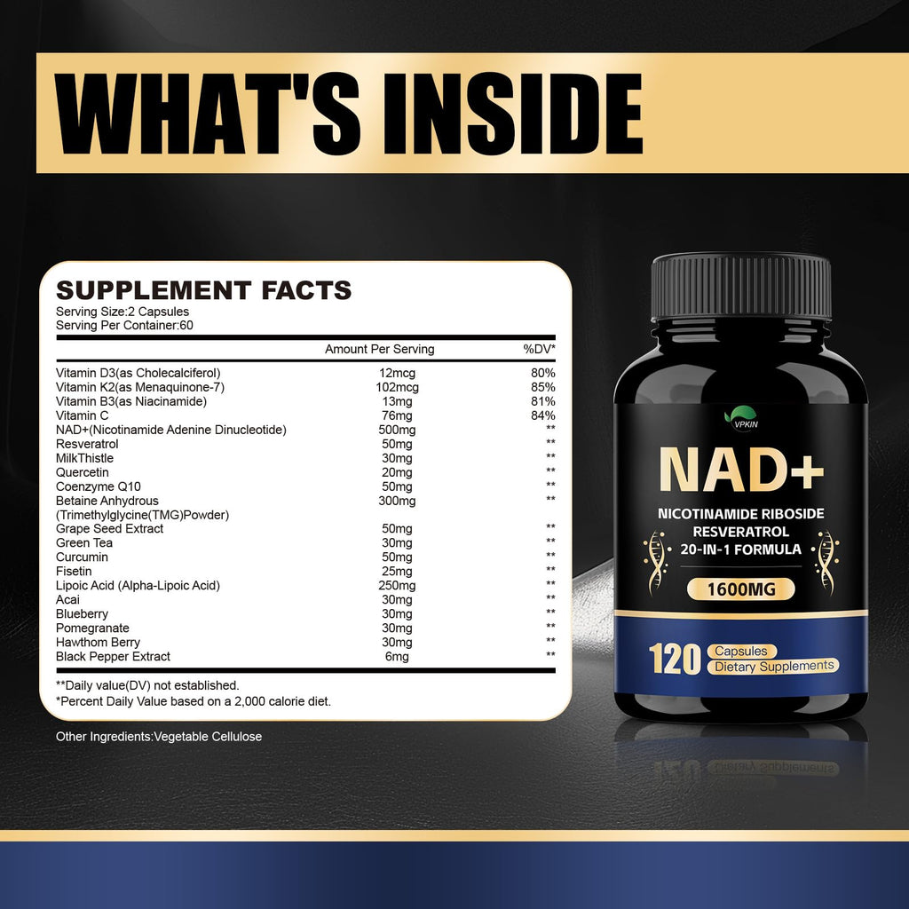 VPKIN NAD Supplement,1500mg NAD+ Supplement with Resveratrol,Nicotinamide,Quercetin,CoQ10,Support Energy & Repair, Vitality,Non-GMO, No Fillers(120 Capsules) VPKIN Au supplements
