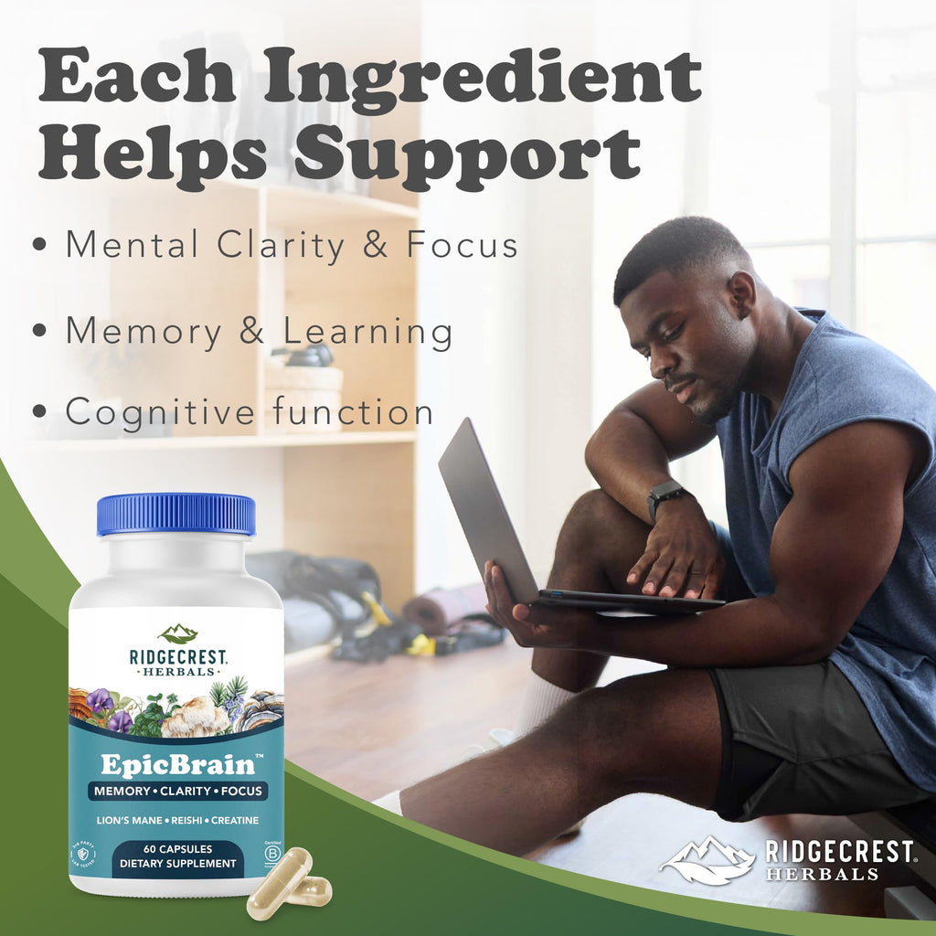RidgeCrest Herbals EpicBrain, Natural Brain Support Supplement with Creatine Monohydrate, Lion's Mane, Reishi, Supports Mental Clarity, Memory, Focus, Stimulant-Free Nootropic (60 Count, 30 Servings) RidgeCrest Herbals Au supplements