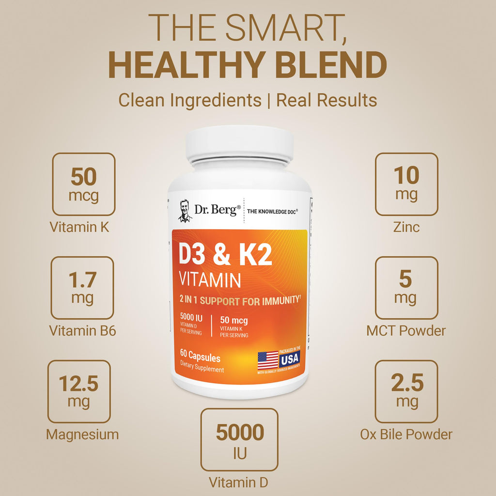 Dr. Berg Maximum Strength 2-in-1 Vitamin D3 K2 5,000 IU | Naturally Derived D3 | 4X Lab-Tested & Verified | High Absorption Formula