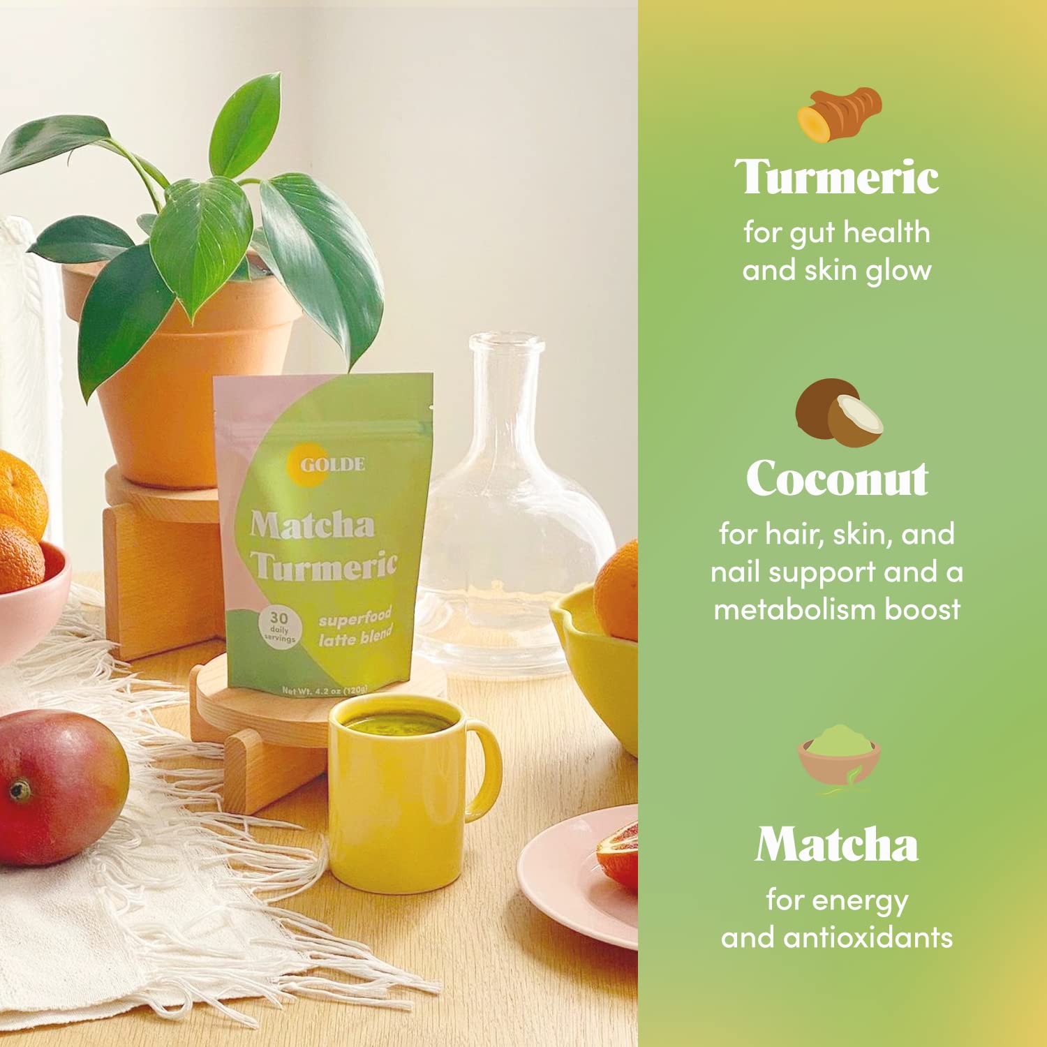 GOLDE - Superfood Latte Blend - Matcha Turmeric - Plant-Based w/Turmeric, Coconut, & Matcha - Stress Balance - Vegan, Keto, & Sugar-Free - 30 Servings GOLDE Au supplements