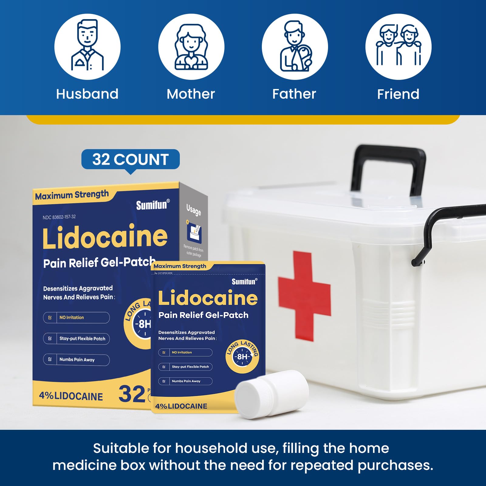 Sumifun 4% Lidocaine Patches Maximum Strength- Pain Relieving Gel Patch for Back, Shoulder, Muscle, Knee Pain Relief,Neck & Joint Pains-Numbs Away Pain, Apply for Up to 8 Hours (Large, Count, 32) Sumifun Au supplements