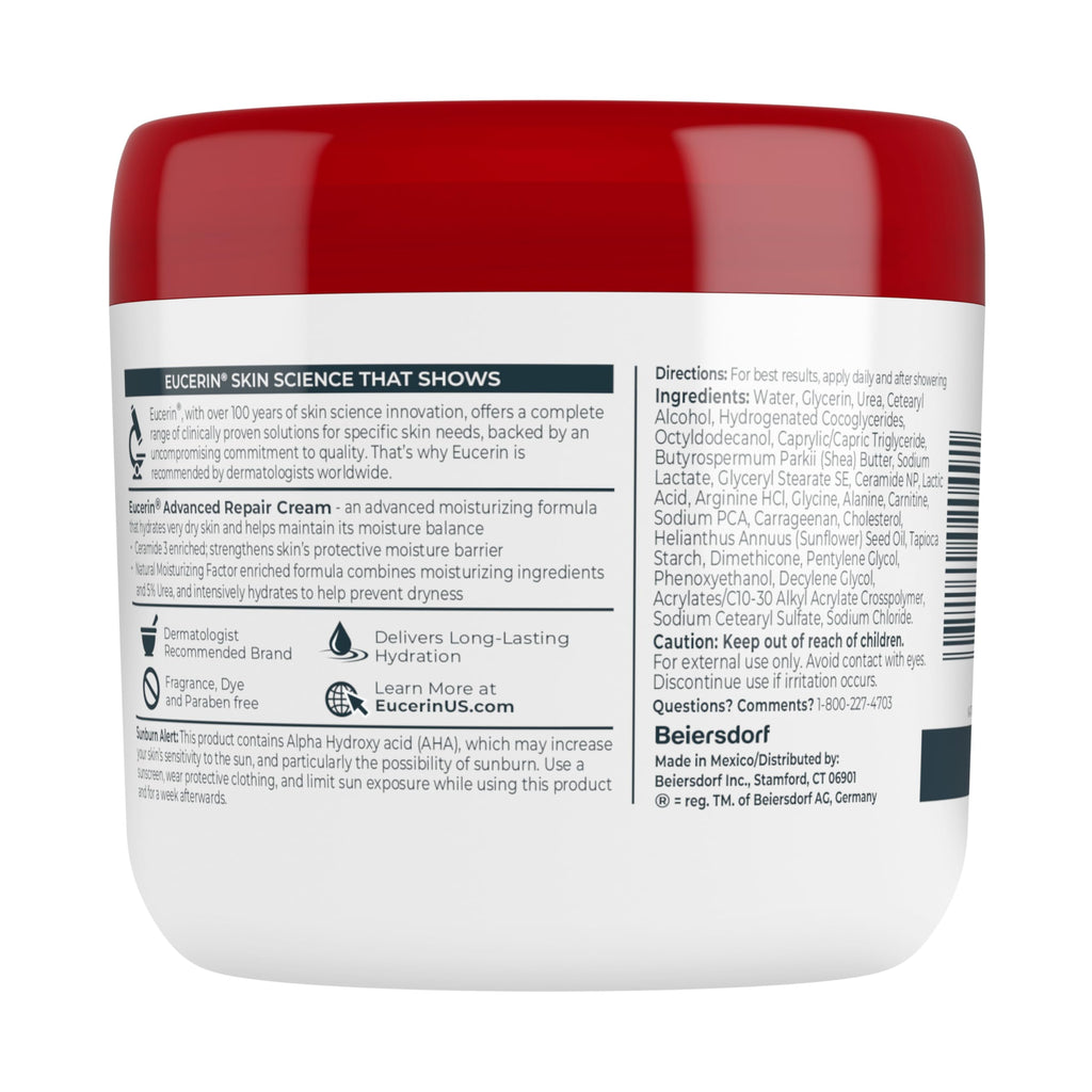 Eucerin Advanced Repair Body Cream for Very Dry Skin, Fragrance Free Daily Body Moisturizer, 16 Oz Jar