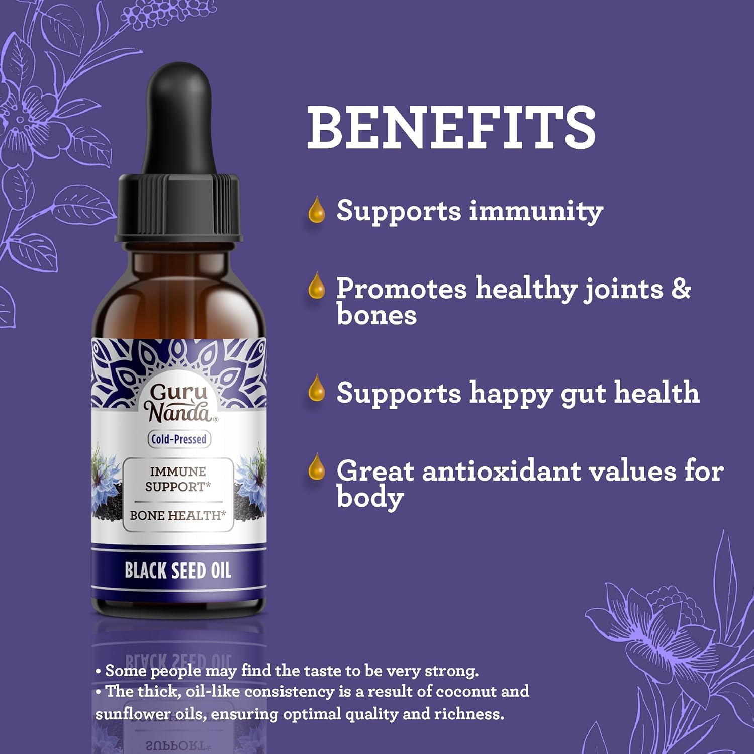 GuruNanda Black Seed Oil, Cold-Pressed Nigella Sativa - Rich in Vitamin D3 5000 Units, K2 & E, High Thymoquinone | Potent Antioxidant